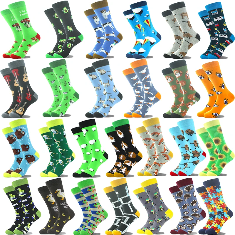 Cool Design Avocado Crew Socks Men Creative Eye Guitar Bus Pattern Sokken Duck Cat Fox Otter Animals Divertidos Chaussette Sox