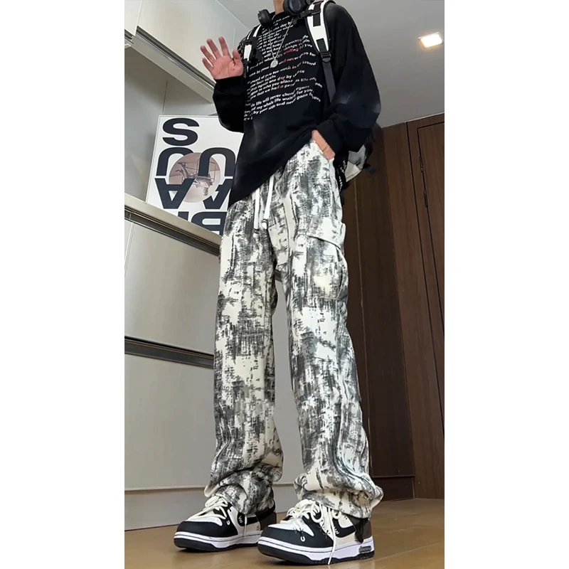 

American Retro Camouflage Work Pants Men's Drape High-End Feeling Haome Casual Loose Leggings Spring Autumn High Street Ti...