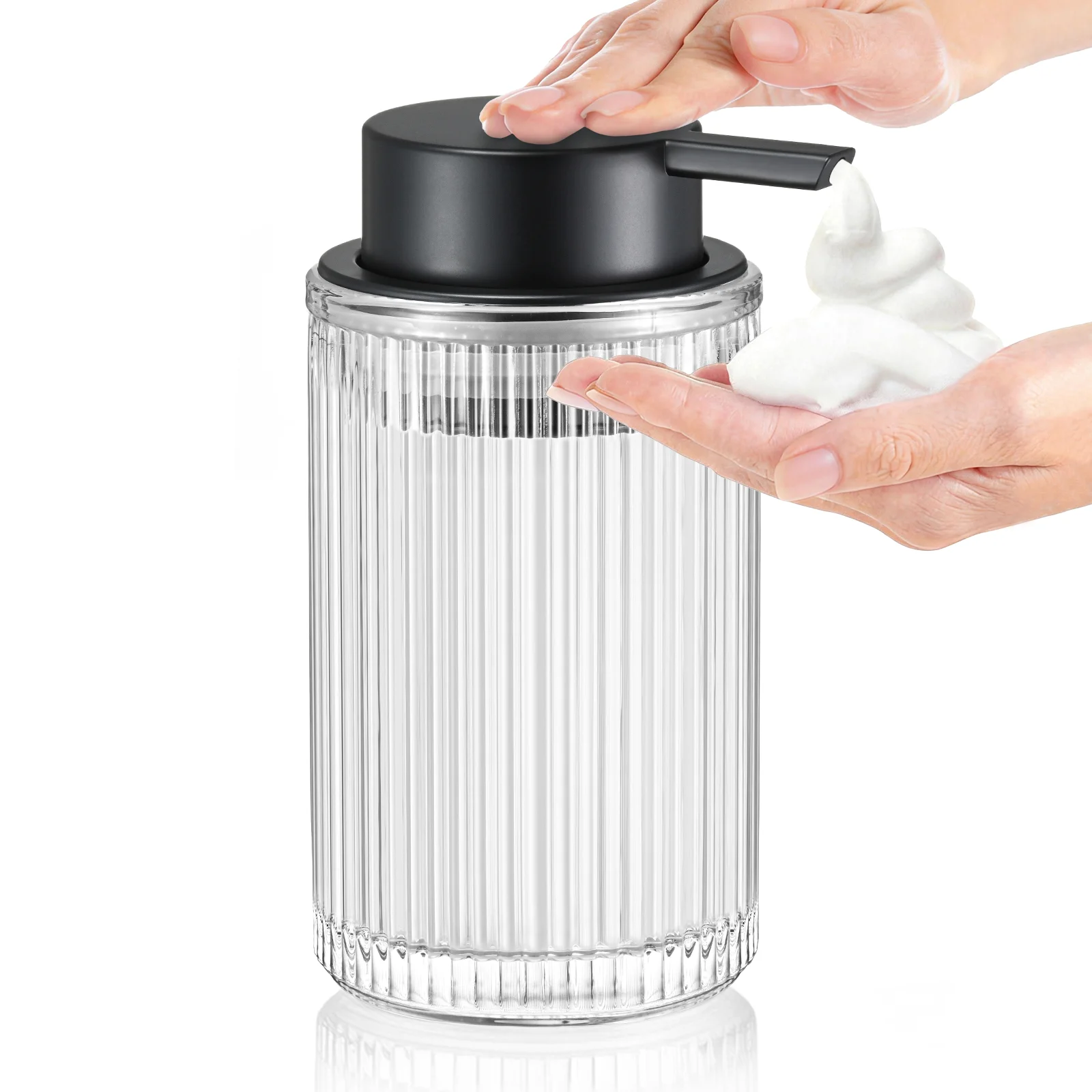 

Диспенсер для пены из ребристого прозрачного стекла — матовая черная помпа — современный декор для ванной и кухонной столешницы