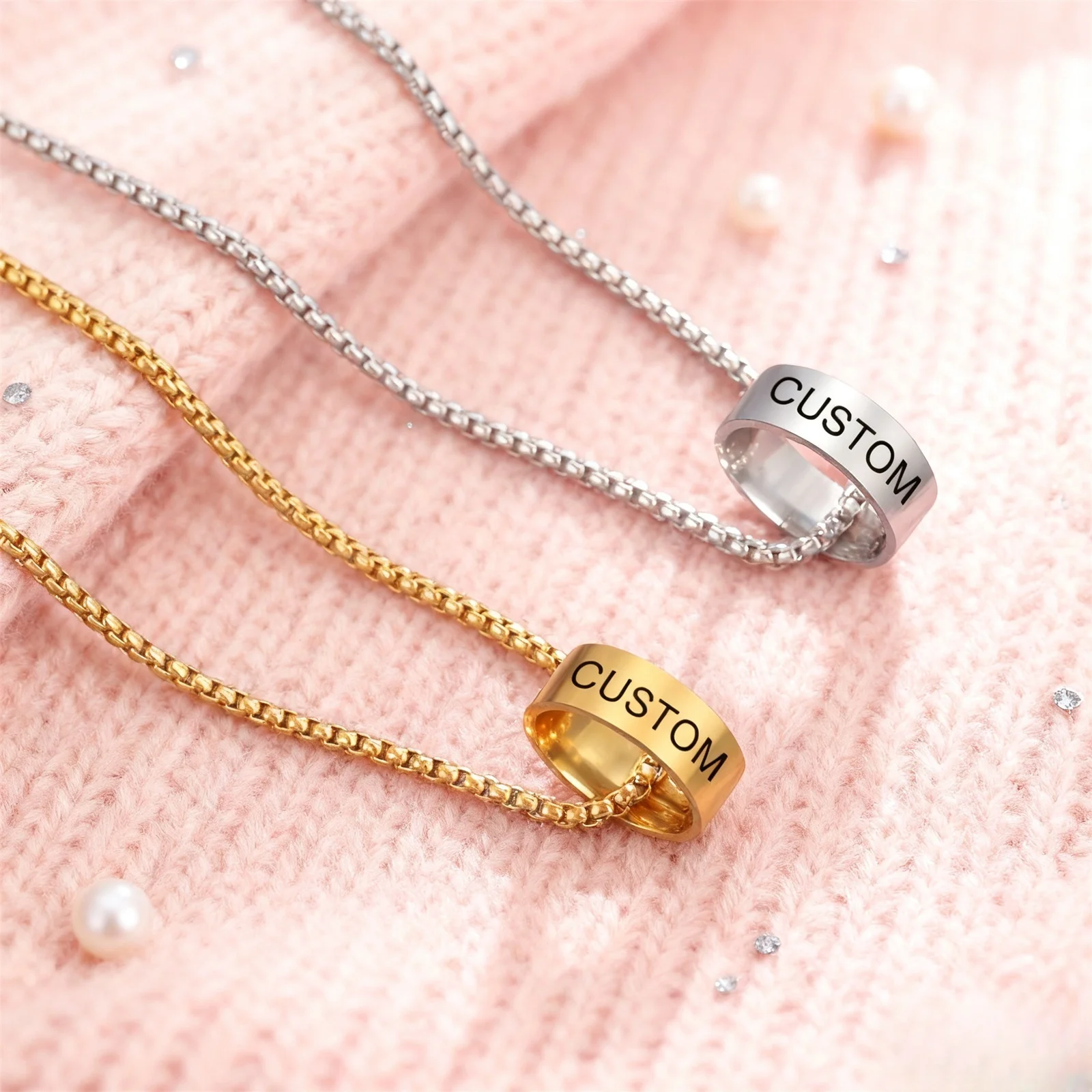 تخصيص اسم زوجين حلقة قلادة صندوق من الفولاذ المقاوم للصدأ سلسلة قلادة نحت اسم الذكور الإناث زوجين مجوهرات هدية