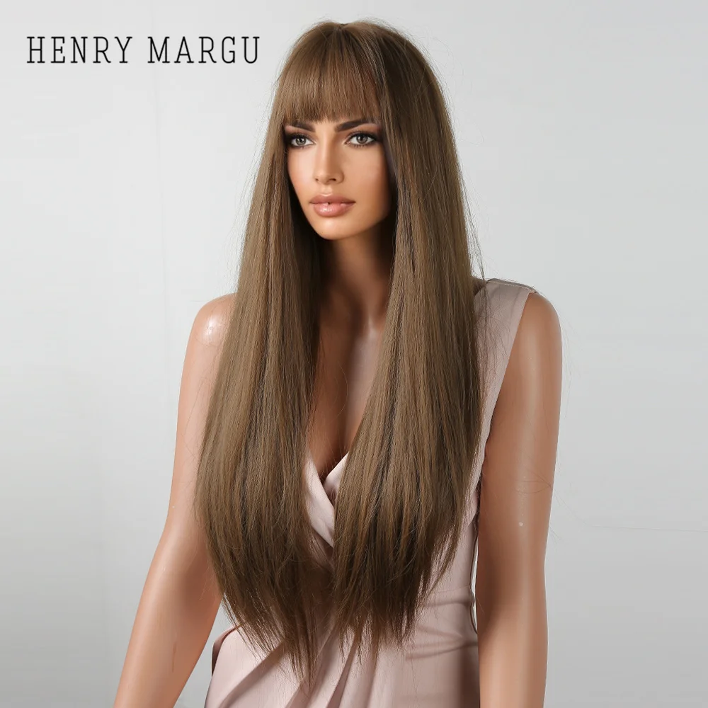 HENRY MARGU Long Synthetic Cold Brown Wigs with Bangs Light Coffee Straight Hair Wig Natural Daily Cosplay Heat Resistant Fiber