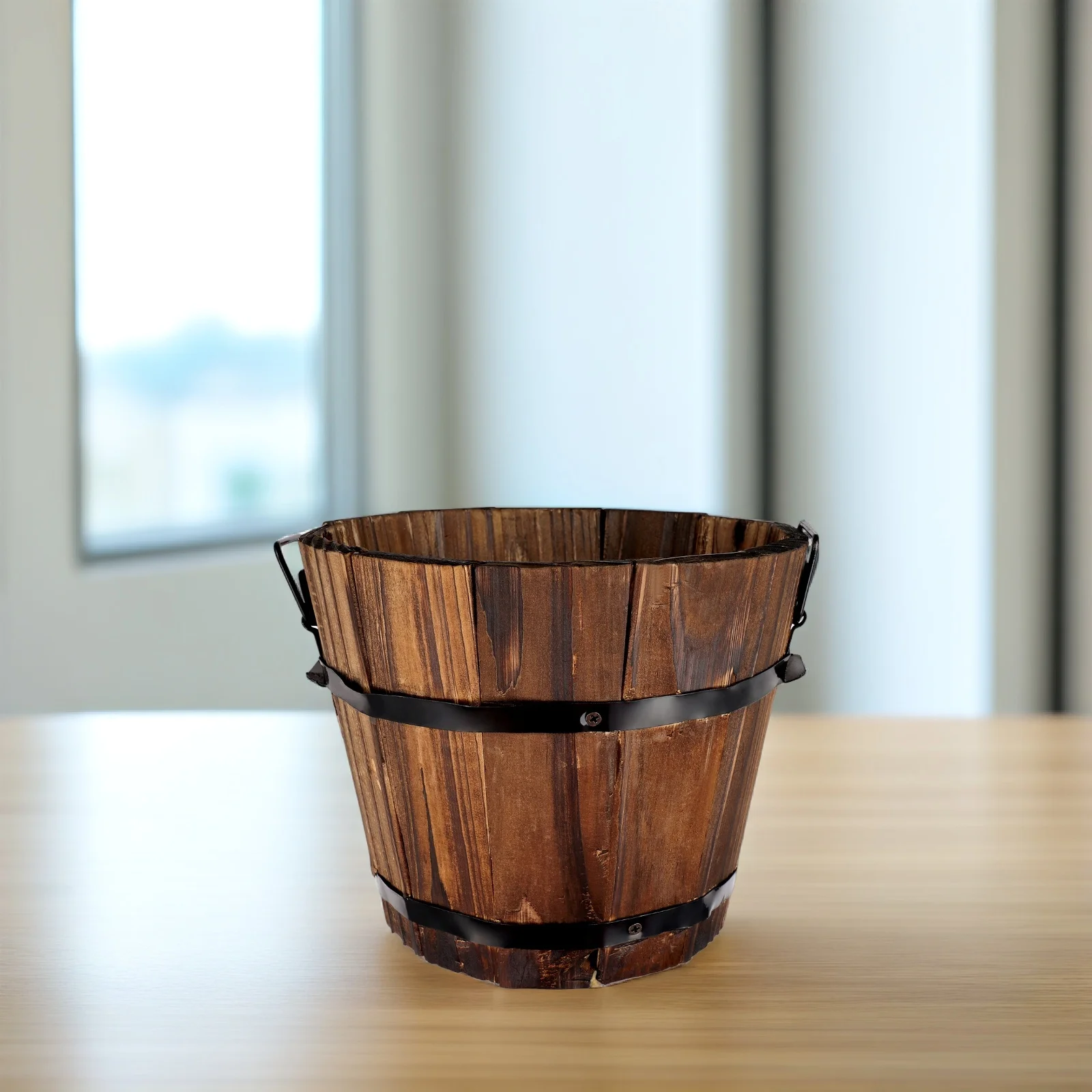 

Wooden Round Barrel Carbonized Planter Brown Eco-Friendly Flower Pot Home Garden Office Decoration Lightweight Retro Style