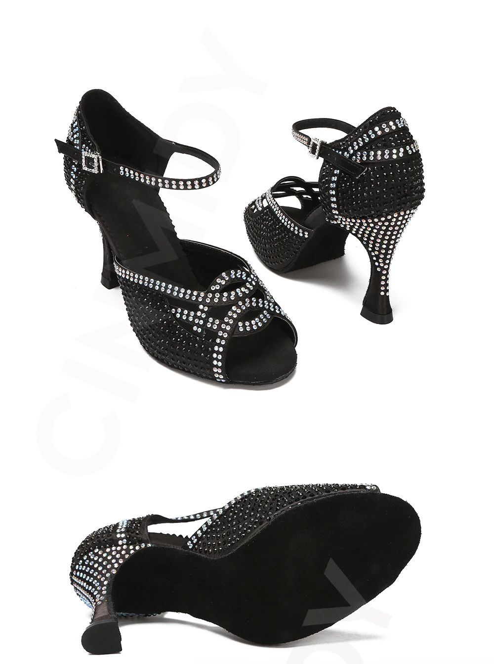 CINMIDY Damen Tanzschuhe mit Strass, Schwarz, Weiche Sohle, Salsa Tango Latin Tanzschuhe, Indoor Ballroom Mode Party Sandalen – Detail 8