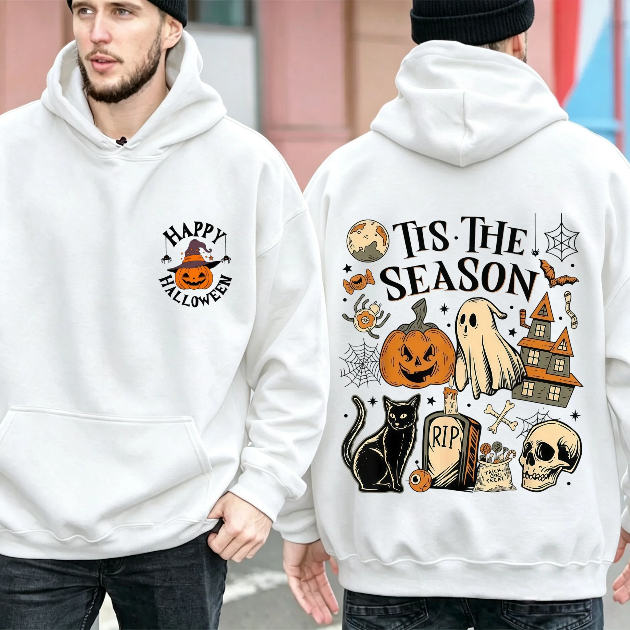 New Men Hoodie Halloween Tis The Season Double Sided Ghost Pumpkin Skull Print Pullover Hooded Sweatshirt