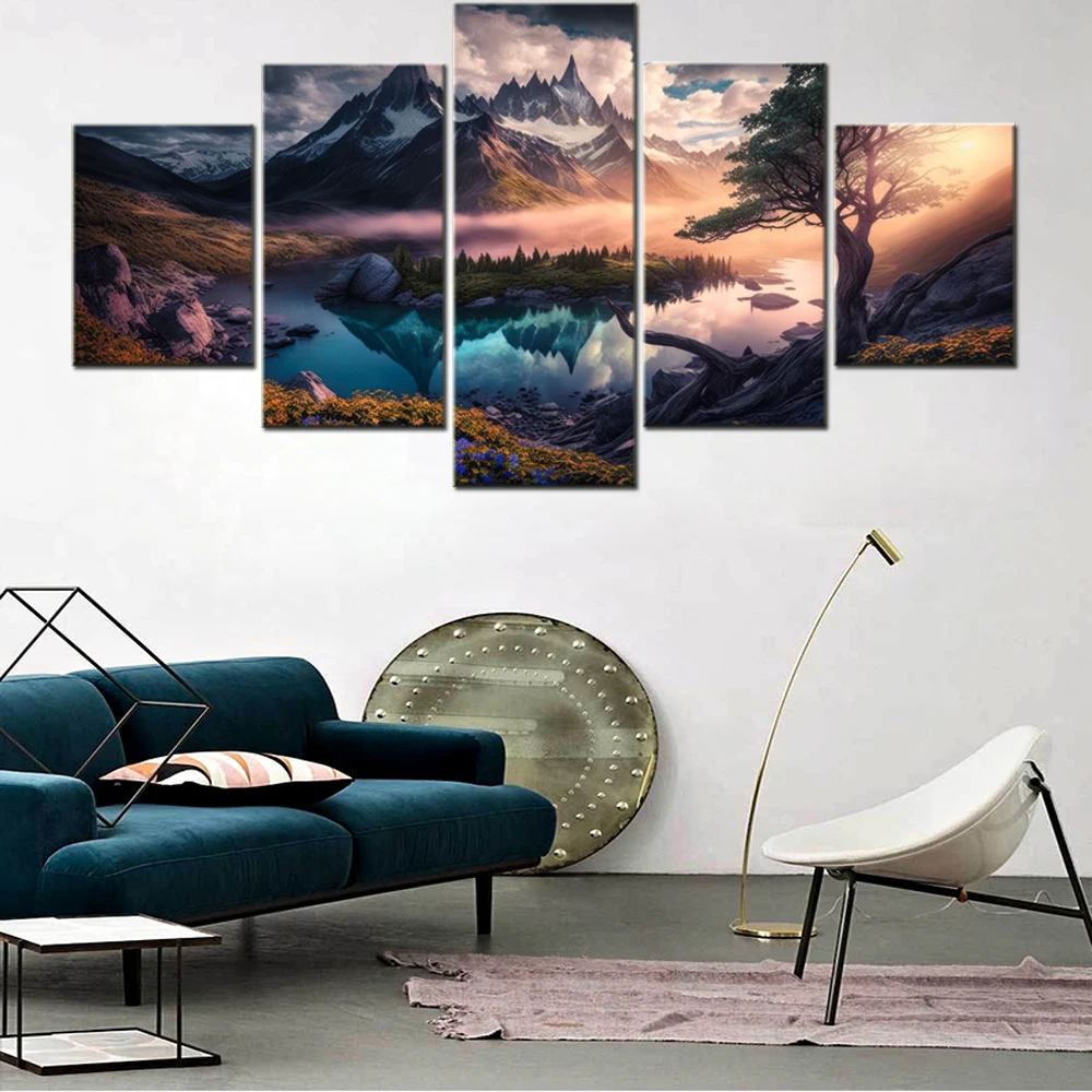 

5 Pieces Canvas Wall Arts Poster Painting Nature Scenic Morning Wallpaper Home Decor Picture Printing Living Room Mural Artwork