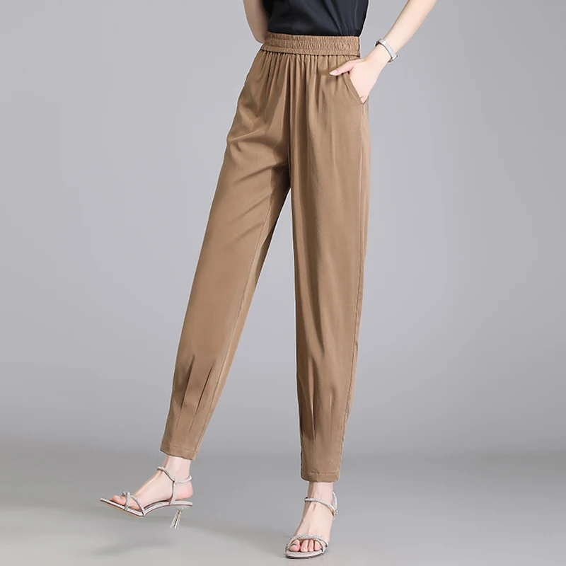 Cropped Pants Women's Loose Fitting 2023 Summer Thin Copper Spandex Elastic Waist High Waist Large Size Slim Casual Pants