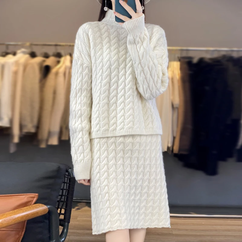 

New 23 FRSEUCAG Brand Women's Half High Neck Pullover Sweater Slim Fit Short Skirt 100% Australian Wool Women's Set 3 colors