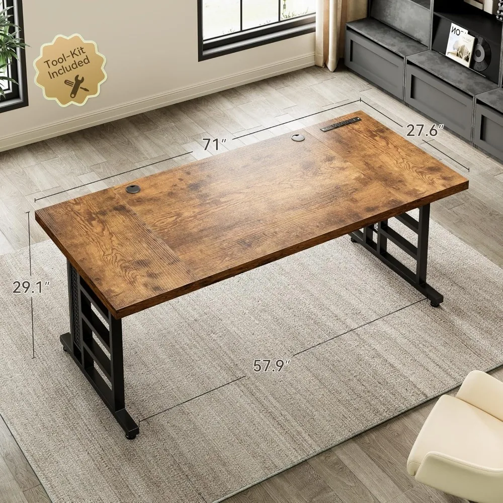 Biurko administracyjne 71 cali z portem USB, duże biurko komputerowe o powiększonej grubości, długie nowoczesne biurko, stół roboczy.