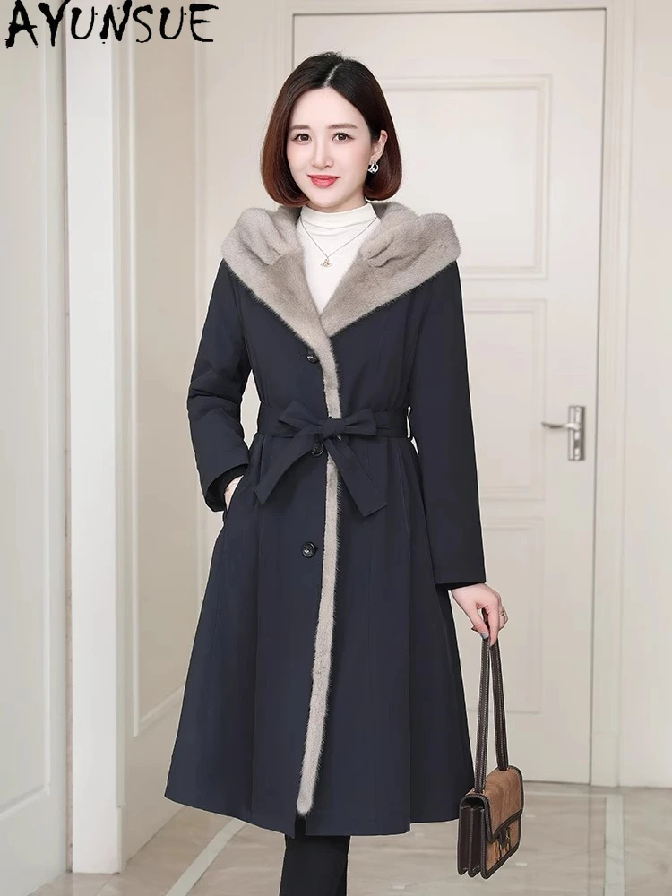 

AYUNSUE Real Mink Fur Coat Women Winter Clothes Mid-length Parka Real Fur Jacket Womens Coats Пальто Женское Liner Detachable