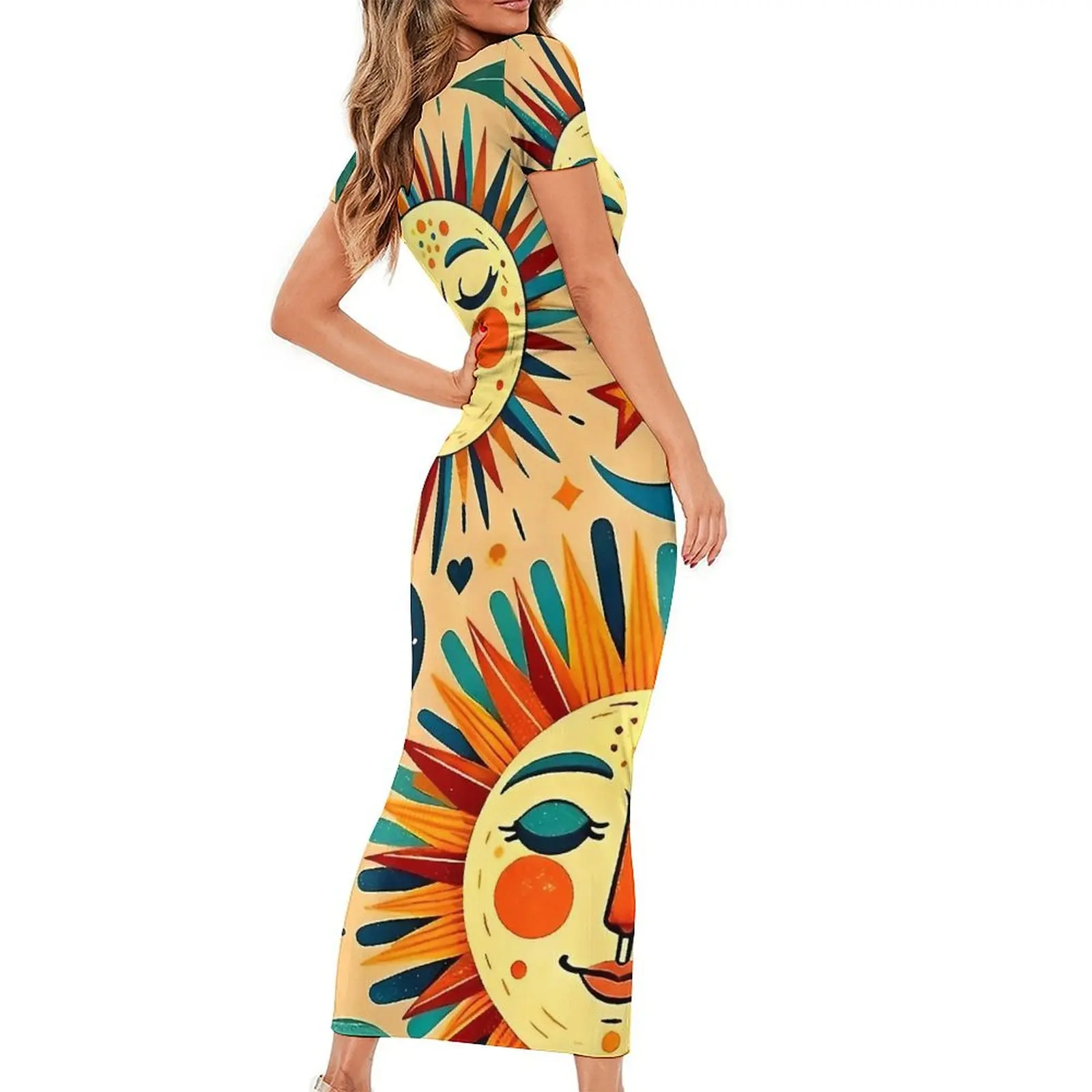 Suns  And Moons Celestial Print Dress Short Sleeve  Streetwear Maxi Dresses Retro Bodycon Dress Women Graphic Oversize Vestidos