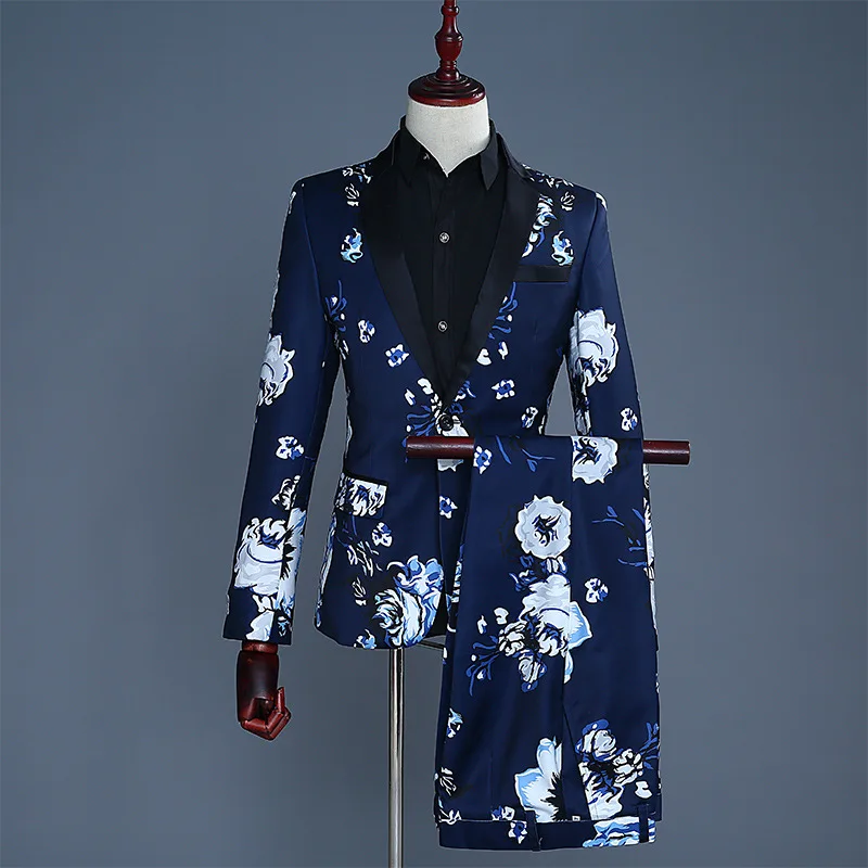 

2024 Men's Blue Printed Suit Host MC Stage Performance Studio Theme Suit