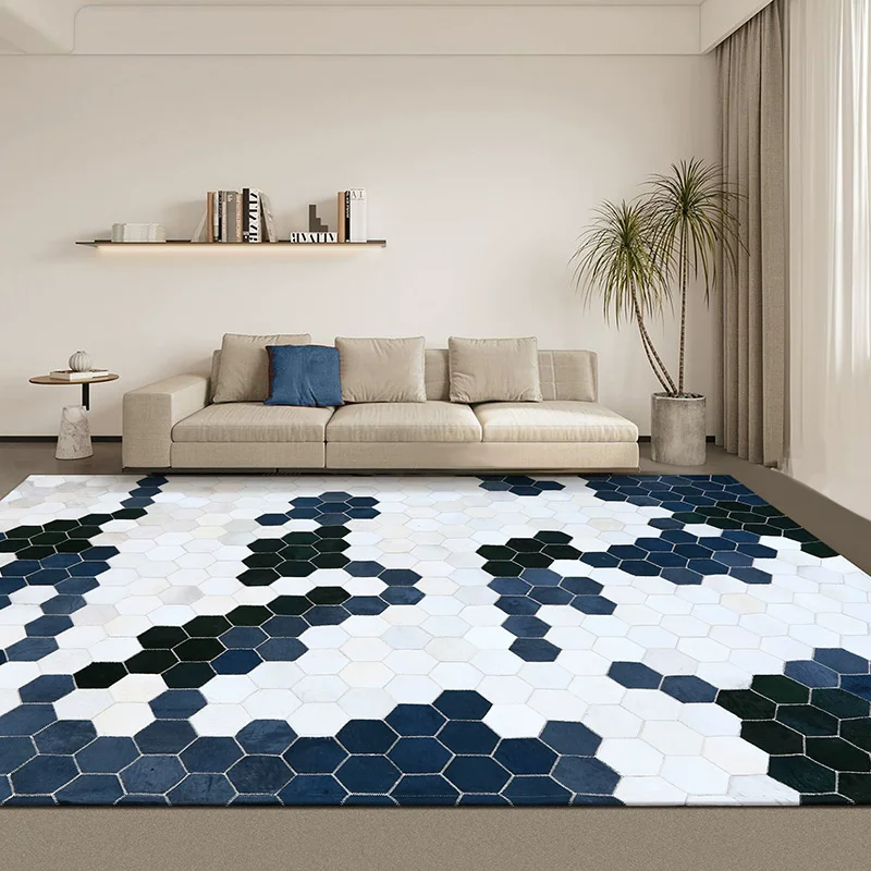 Creative Blue Genuine Cowhide Carpet For Living Room Manual Splicing Bedroom Rug Customizable Size Sofa Table Floor Mat Piano