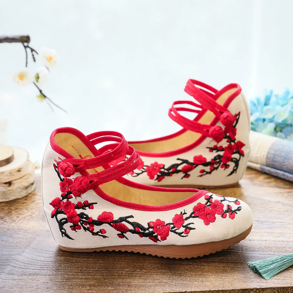 Veowalk Chinese Style Women Canvas Hidden Platform Shoes Plum Flower Embroidered Vintage Ladies Casual Ankle Strap Shoes