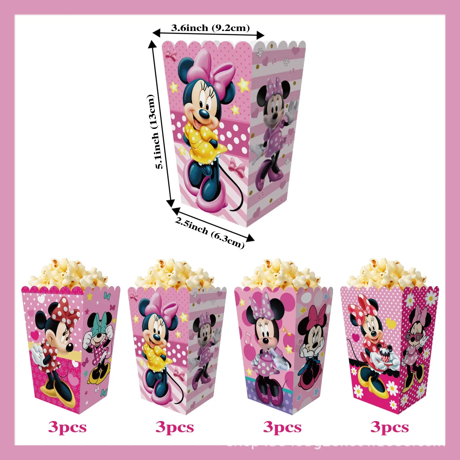 12pcs Disney Minnie Disposable Meal Boxes That Can Hold Popcorn, Snacks, French Fries, Party Gift Packaging Boxes，Sticker