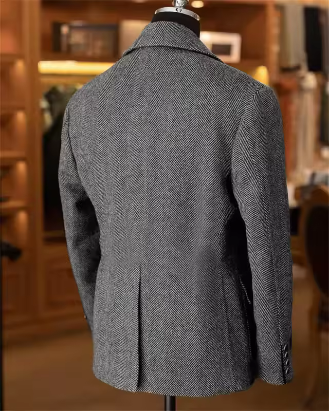 British Men's Blazers Vintage Herringbone Tweed Formal Jacket Wool Blend Double Breasted Casual Autumn Winter Suit Coat - Image 4