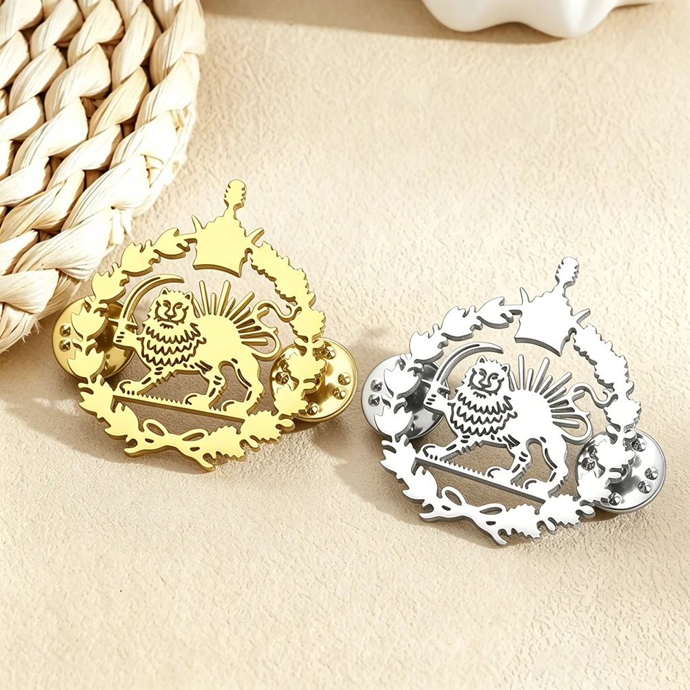 Persian Lion and Sun Brooch Stainless Steel Persian Lion and Sun Lapel Pin Iranian Heritage Jewelry Suit Pin for Men Women Gift