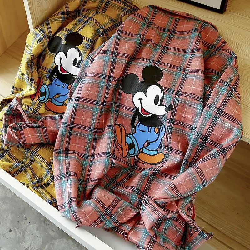 Disney Mickey Mouse New Checkered Shirt Women Spring Autumn Long Sleeve Blouse Korean Version Trend Simple Loose Versatile Shirt