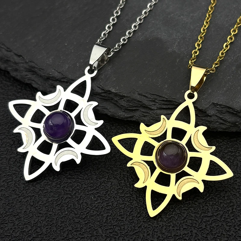 Collar de luna con nudo de bruja Wicca para mujeres y hombres, amuleto de protección de brujería de acero inoxidable de Color plateado, joyería de nudo de bruja