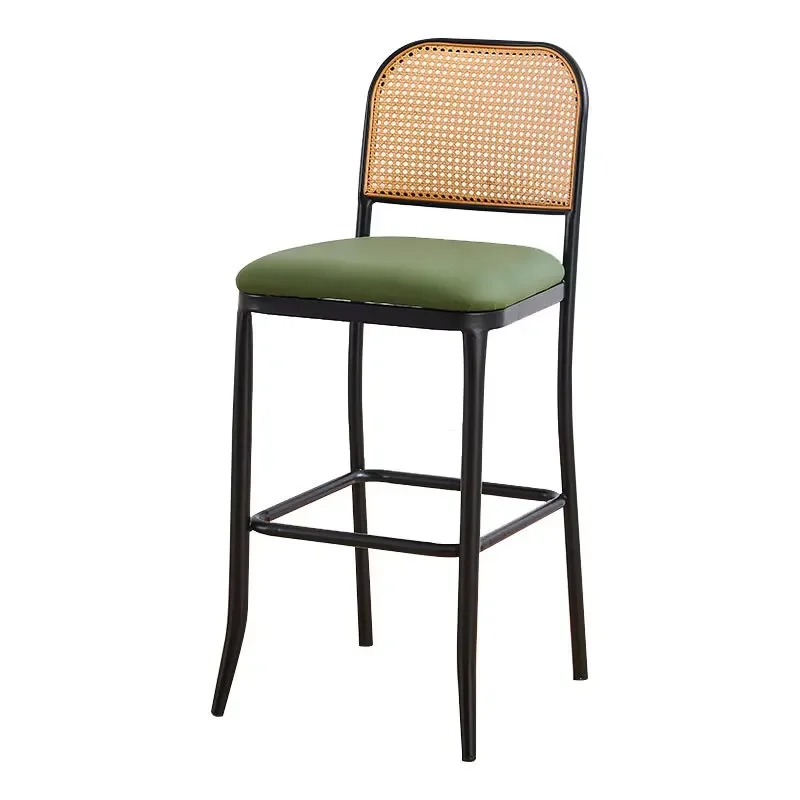 for Modern Luxury Bar Stool with Rattan Backrest Upholstered Kitchen Island Chair Metal Legs  Family Bars and Coffee Shops