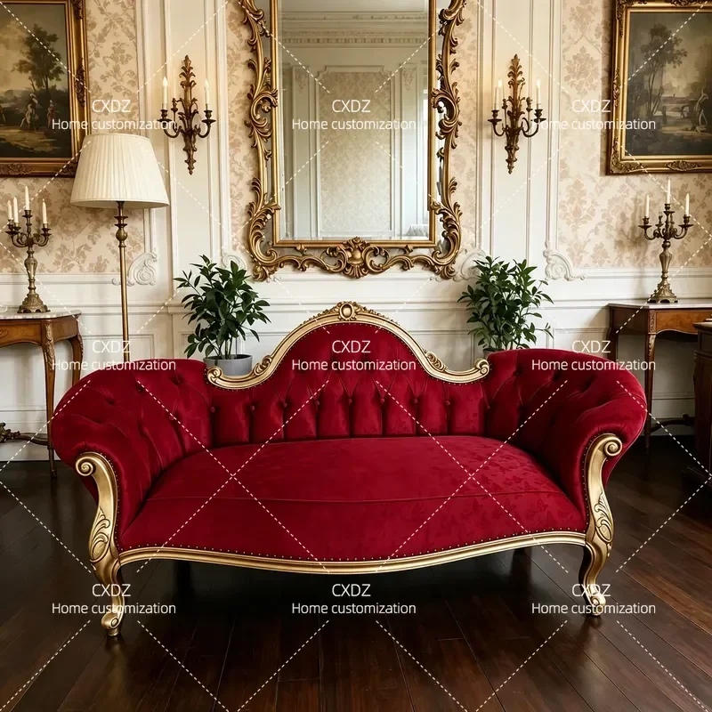French light luxury burgundy double sofa European court real wood carving flower concubine sofa living room bedroom studio