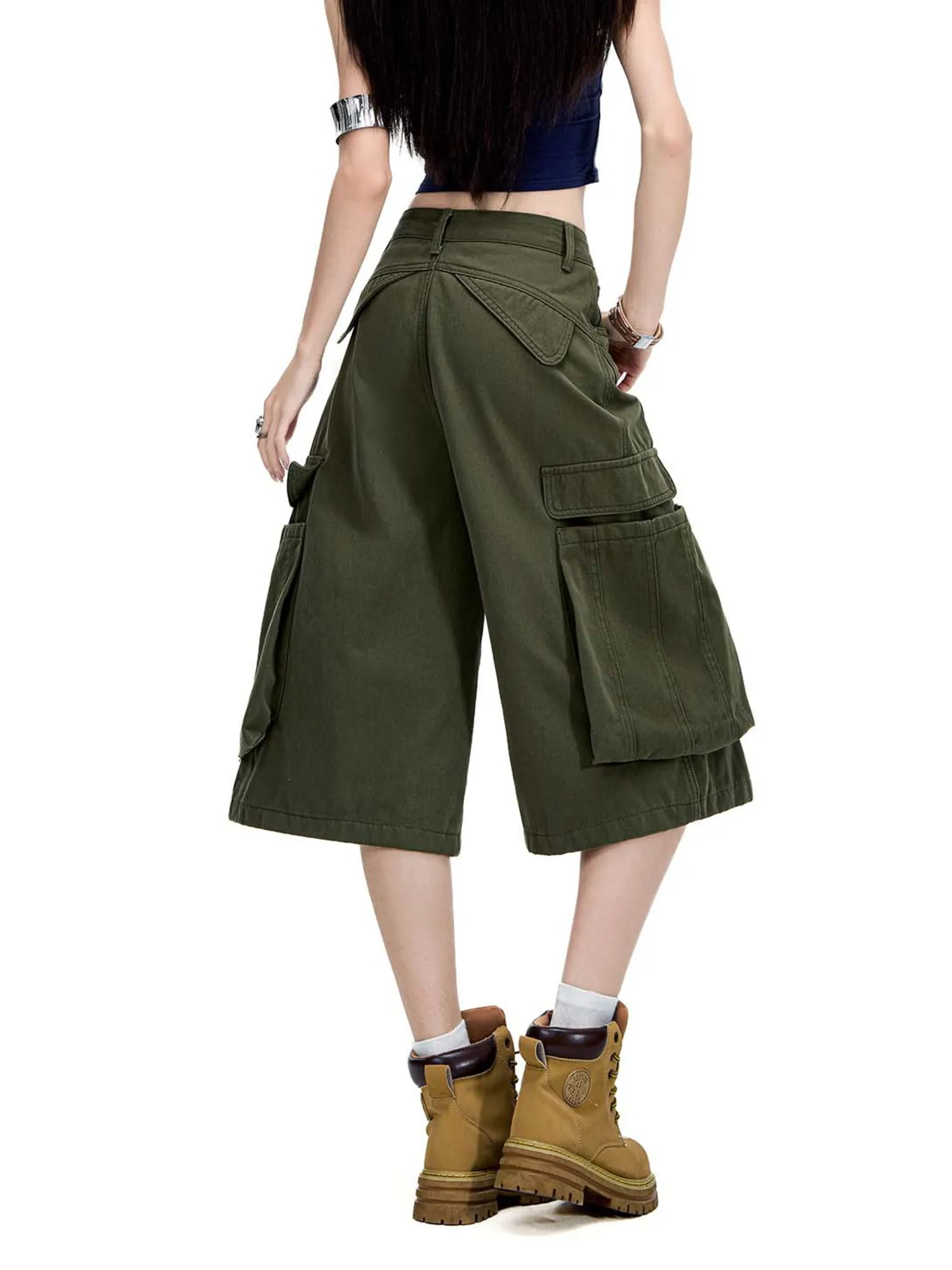 

Women High Waist Cargo Denim Culottes Army Green Wide Leg Cropped Jean Pants Multi Pocket Casual Summer Y2K Vintage