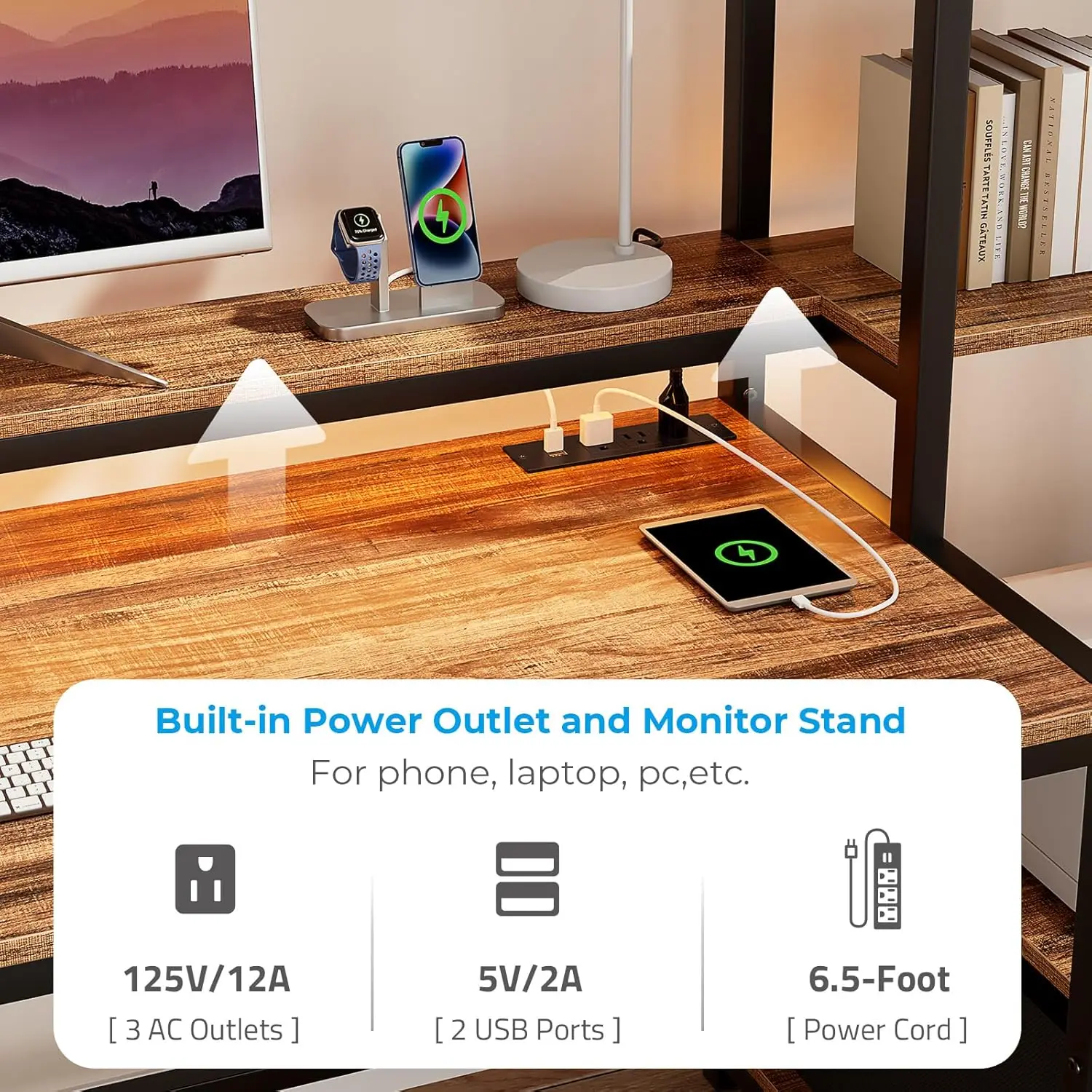 GreenForest-Mesa do computador com gaveta e prateleira da impressora, Home Office Desk com luzes LED e Power Outlets, 58,8 em