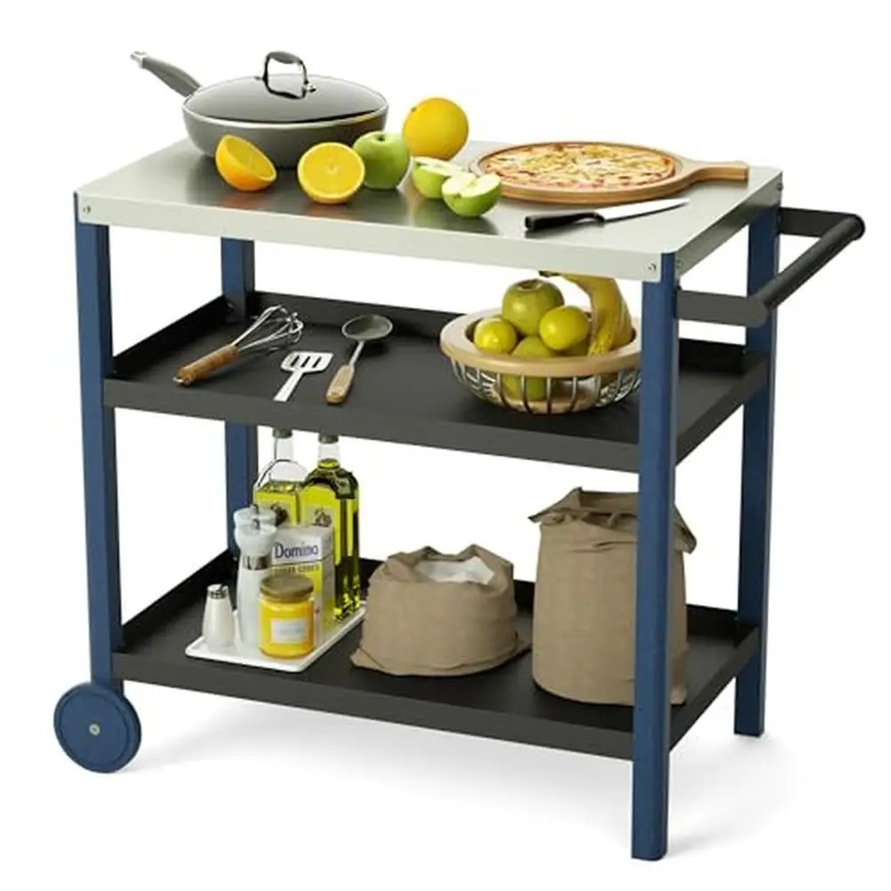 Outdoor Grill Table 3-Tier Stainless Steel Dining Cart Kitchen Island Storage Shelf L34 x W 19.7