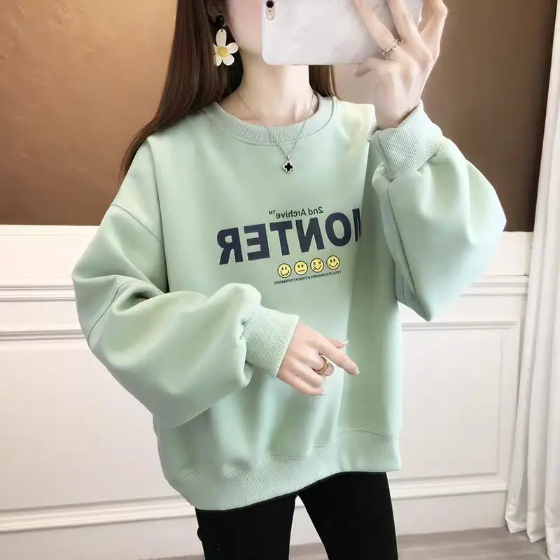 

Women's Fleece-Lined Long Sleeve Sweatshirts Spring Autumn Winter Loose Fit Printed Thin Letter Face Casual Tops