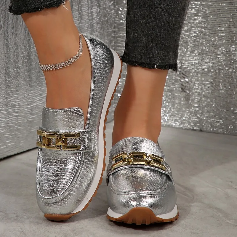 Vrouwen Chain Decor Platform Sneakers Mode Goud Zilver Designer Schoenen Vrouw Lichtgewicht Slip op Casual Wandelschoenen Plus Size