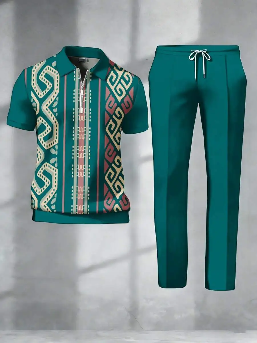 Conjunto de 2 piezas para hombre, camisa de manga corta con estampado de tótem retro americano y pantalones cortos, cuello polo clásico con media cremallera y manga corta