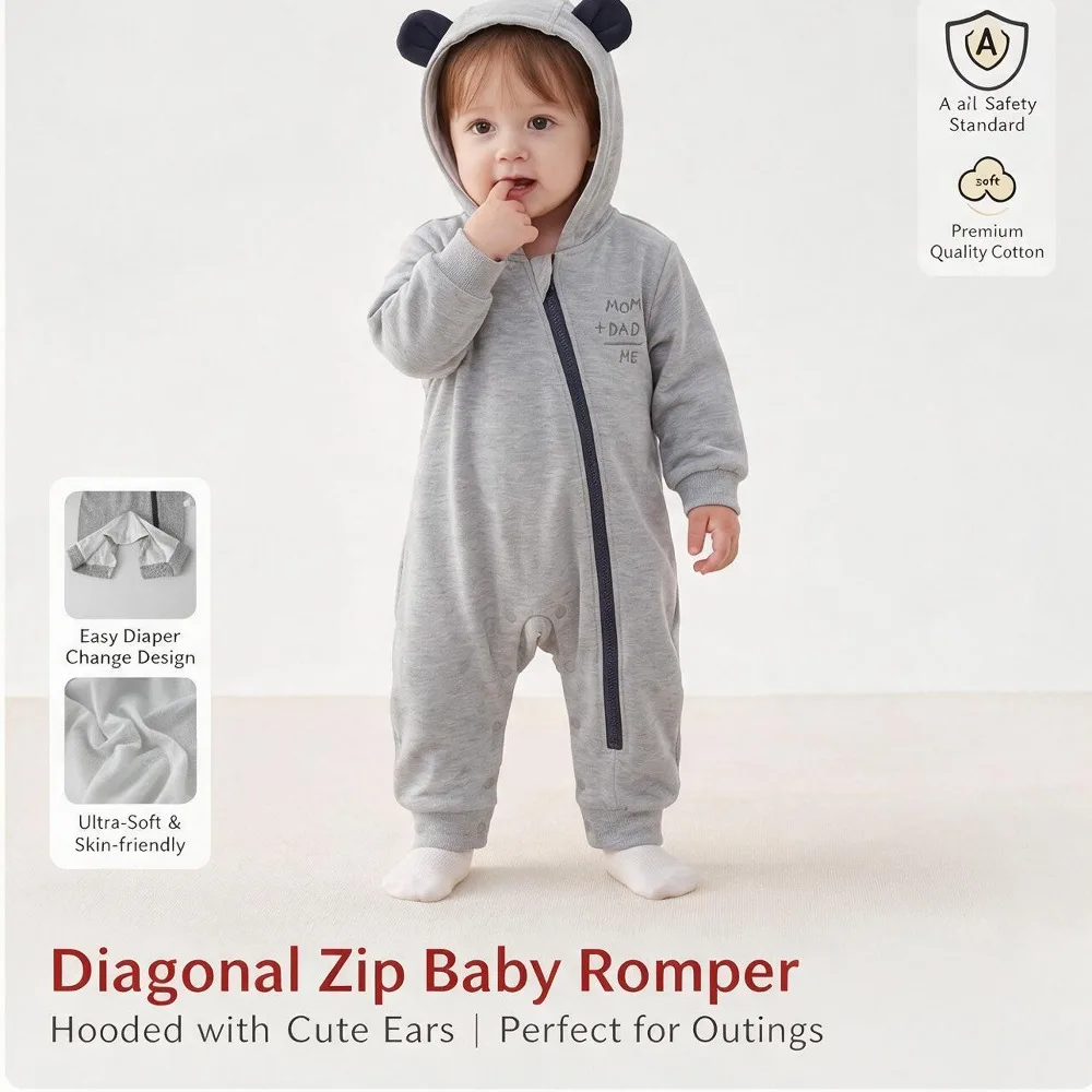 2026 Baby Spring and Autumn Winter  Super Cute Baby Hooded Zipper Jumpsuit 0-18 Months Kids Clothing Set