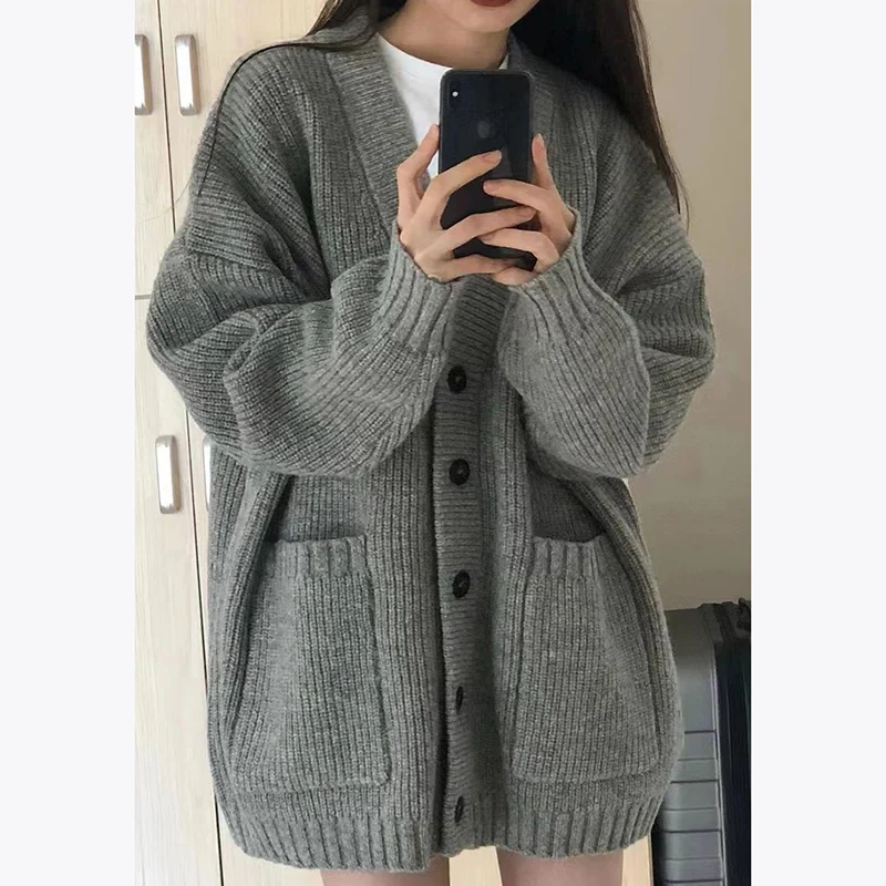 Rimocy Autumn Winter Gray Knitting Cardigan Women Korean Fashion Long Sleeve Loose Cardigan Coat Woman V Neck Button Up Sweaters