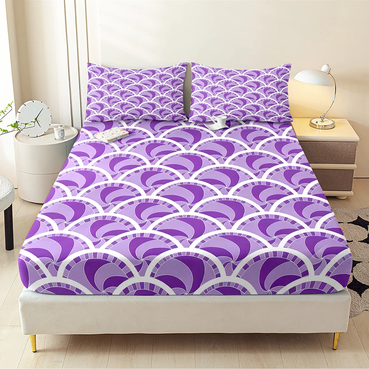Purple fan-patterned fitted sheet set, decorative mattress cover, animal pattern mattress protector, 2D digital print three-piece bedding set (includes 1 fitted sheet + 2 pillowcases), 3-piece set, large-capacity deep pocket 2D printed fitted sheet and 2 pillowcases, bedding mattress protector, fitted elastic style, protective cover, mattress protector, machine washable design, holiday decoration, various sizes, breathable protective cover with pillowcases