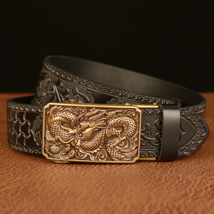 New Dragon Bead Automatic Buckle Men's Belt, Cowhide Personalized Carved Belt, Dragon Leisure Men's Belt