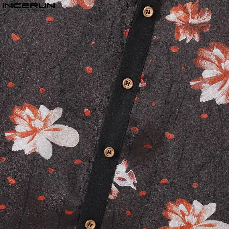 INCERUN-camisa de malla con estampado de flores para hombre, ropa de calle con solapa, 3/4 manga, transparente, informal, a la moda