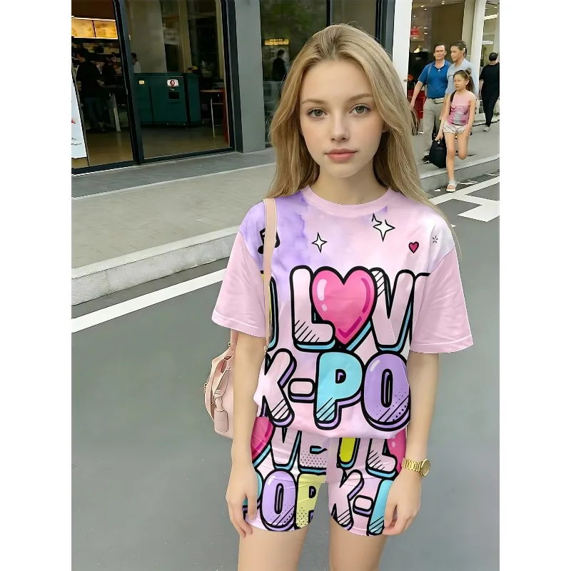 I Like K-Pop Graffiti Print Casual  Youth T-shirt and Shorts Set Suitable for Birthday Gifts Comfortable Casual Set Breathable