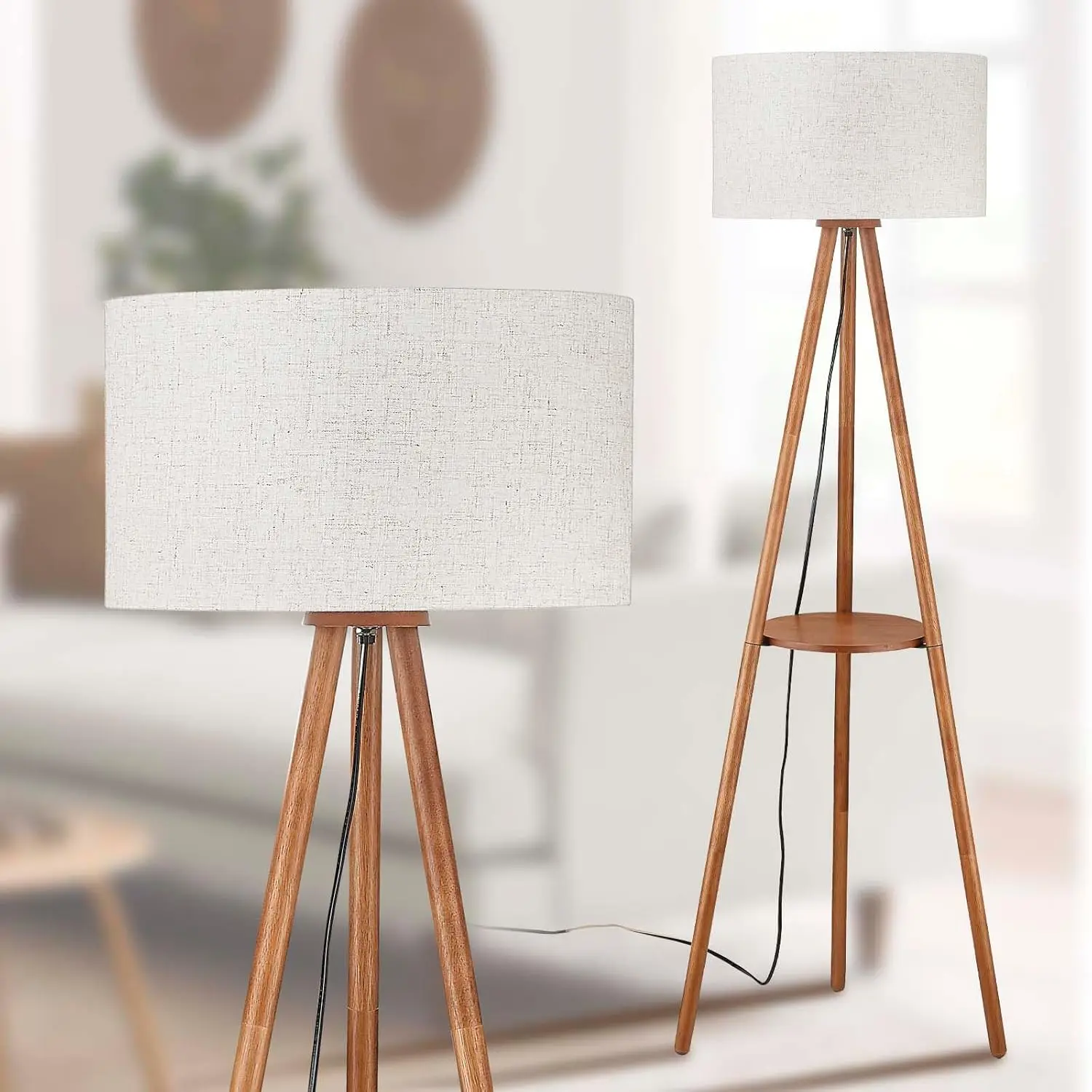 Wood Tripod Floor Lamp With Shelves,Linen Shade Boho Farmhouse Wooden Floor Lamp For Living Room, With Three Color Temparature