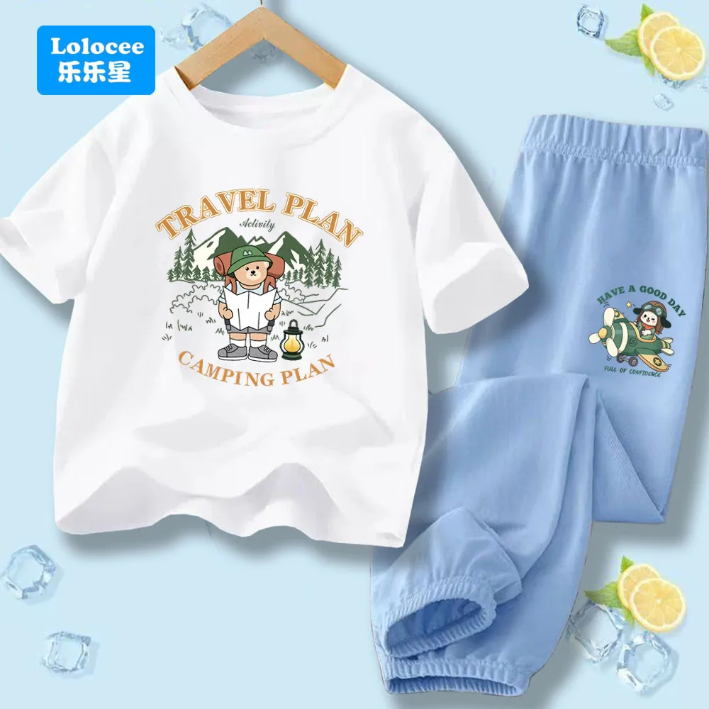 

Детский наряд с милым мультяшным медведем, 2 предмета, детская домашняя одежда, летняя футболка с короткими рукавами и штаны для мальчиков, одежда с кондиционером XYJ1