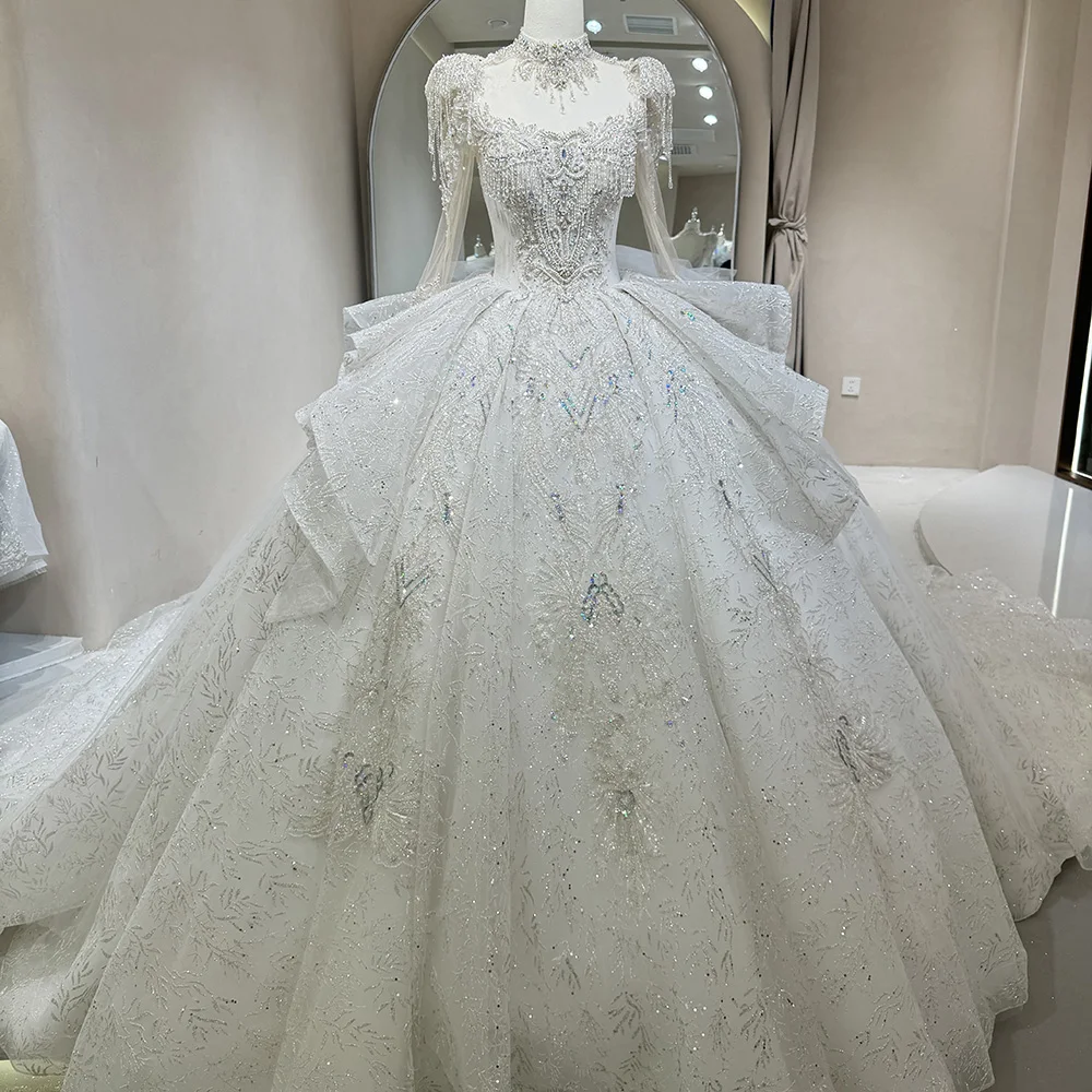 أكمام طويلة مخصصة عالية الرقبة رائع الترتر سباركلي بلورات فستان الزفاف الرسمي زي العرائس Fساتين الحافلة #3