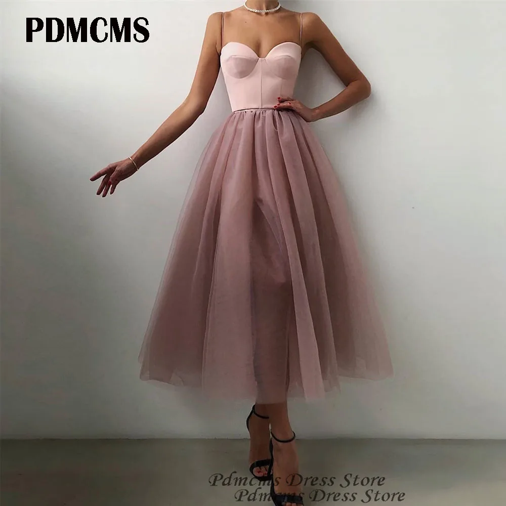 

Simple Dusty Pink A Line Short Evening Party Dresses Satin Tulle Spaghetti Straps Sweetheart Tea Length Midi Prom Gowns for Wome