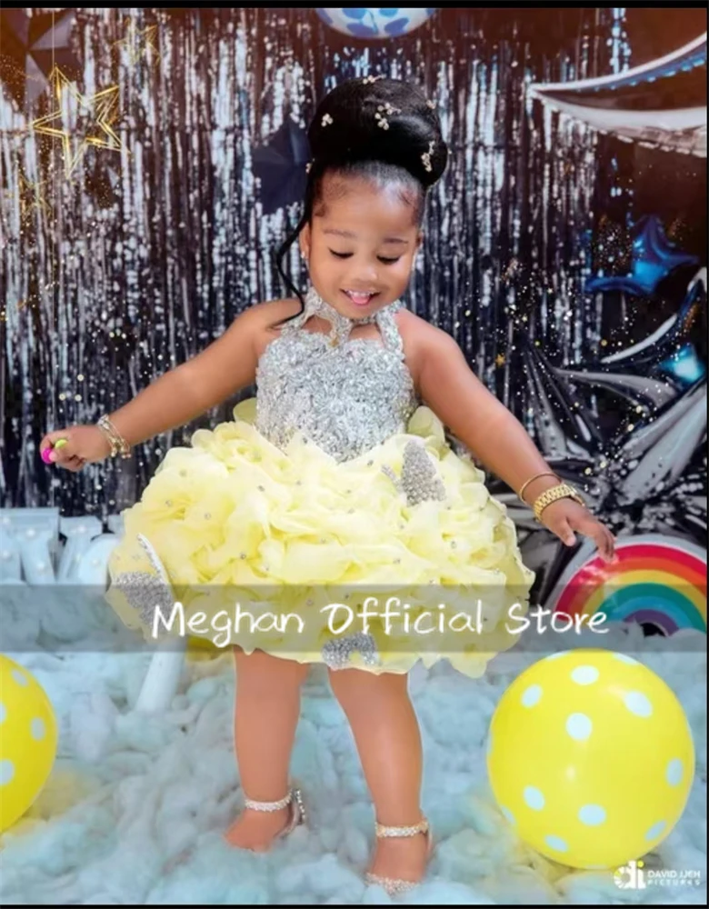 

Yellow O N Flower Girl Dresses Bead Crystal Applique 2025 Birthday Luxury Dress For Kids Ruffles Beauty Pageant Gowns Customized