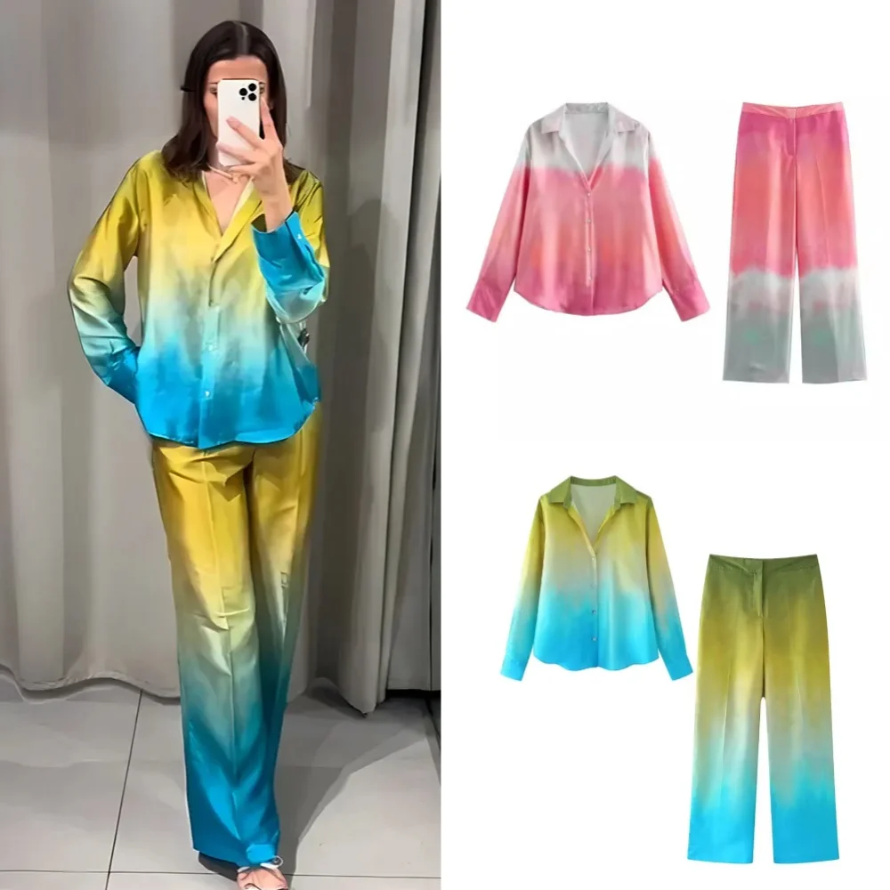 Women\'s Autumn Suit Tie Dye Turn-Down Collar Single Breasted Blouse+High Waist Gradient Zipper Casual Streetwear Wide Leg Pant