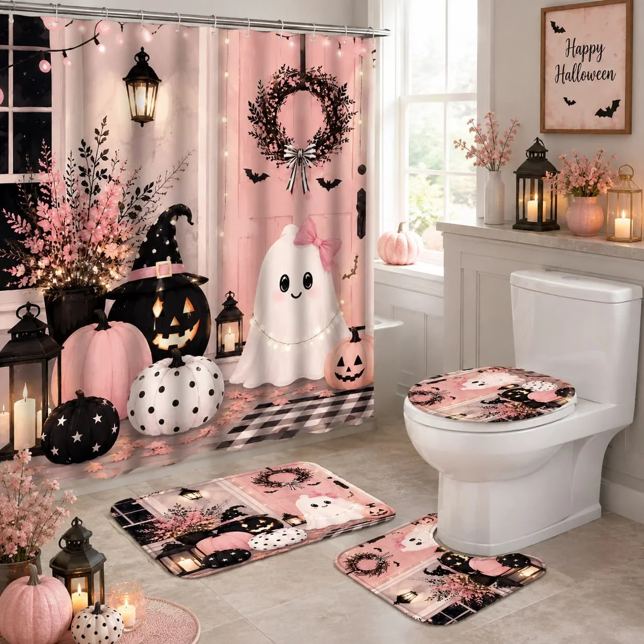 2D Flat, 4pcs 2D Flat Pink Halloween Shower Curtain Set, Cute Ghost Pumpkins Bathroom Decor, Additions with, U-Shaped, Toilet Li