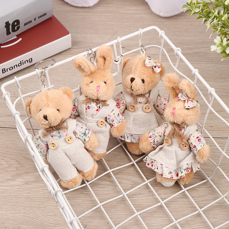 Cute Girls Country Style Linen Bear Keychain Women Couple Rabbit Keying Bag Car Trinket Plush Toy Pendant Toys Gift