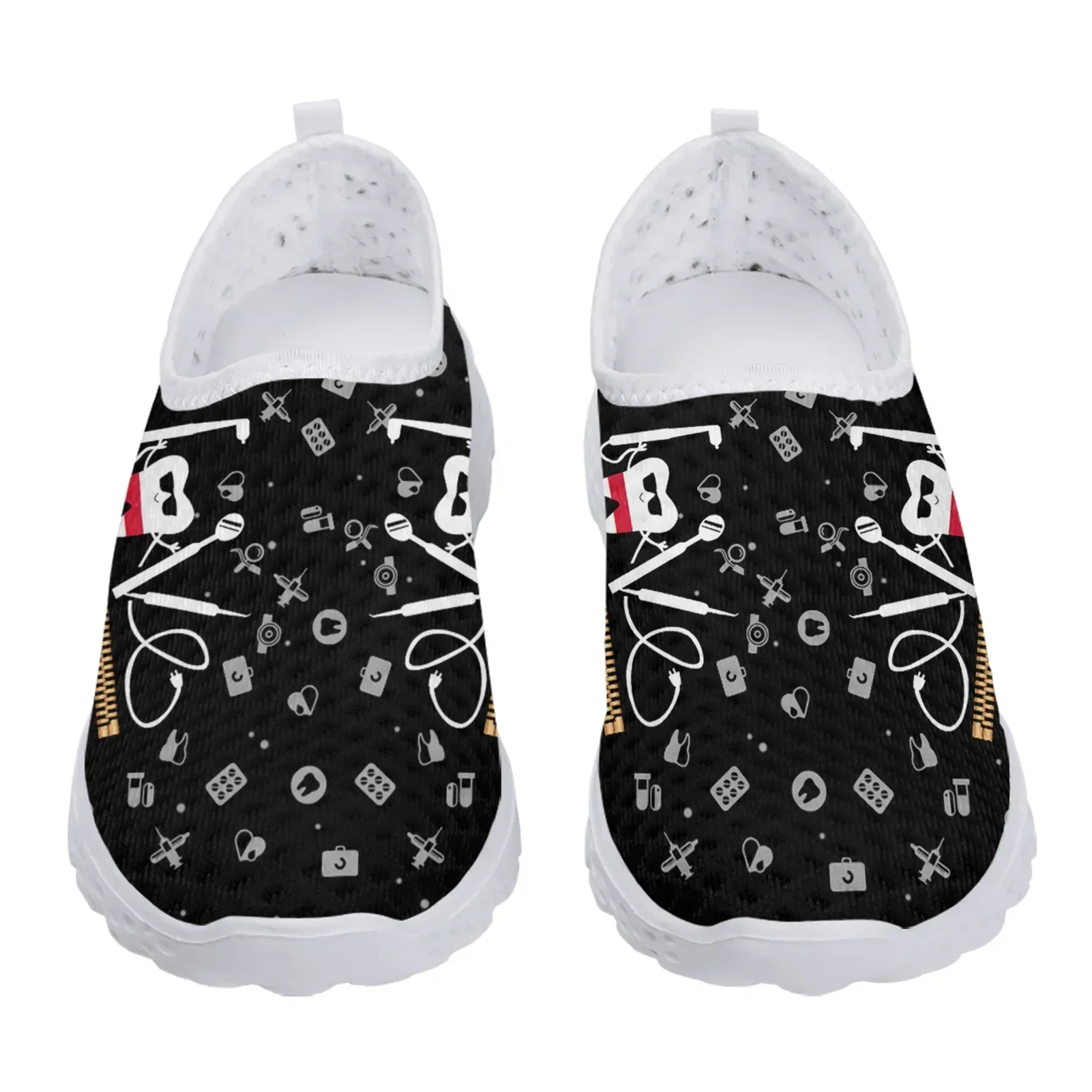 

Black Funny Cartoon Teeth Print Ladies Summer Mesh Shoes Comfortable Lightweight Slip On Footwear Mesh Sneakers