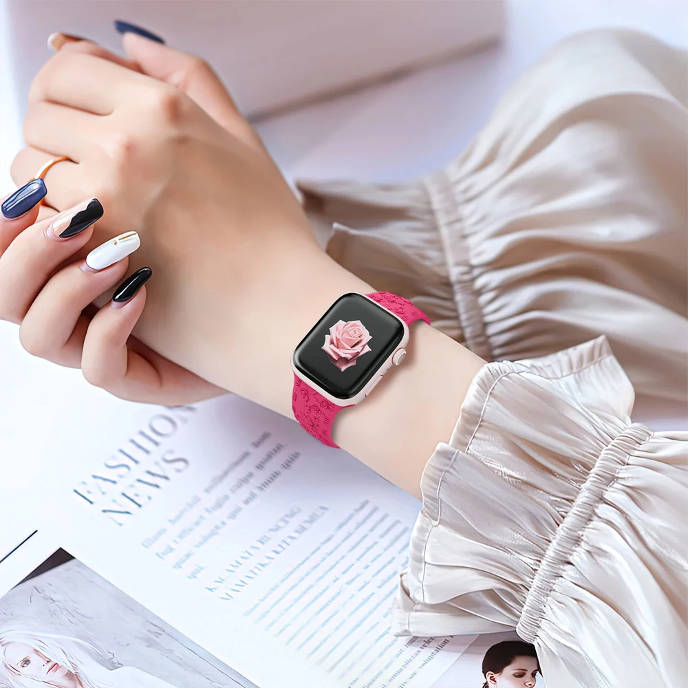 Silicone Strap for Apple watch band 40mm 44mm 45mm 41mm 49mm 38mm 42mm Floral Engraved bracelet iWatch Series 9 8 7 6 SE ultra 2