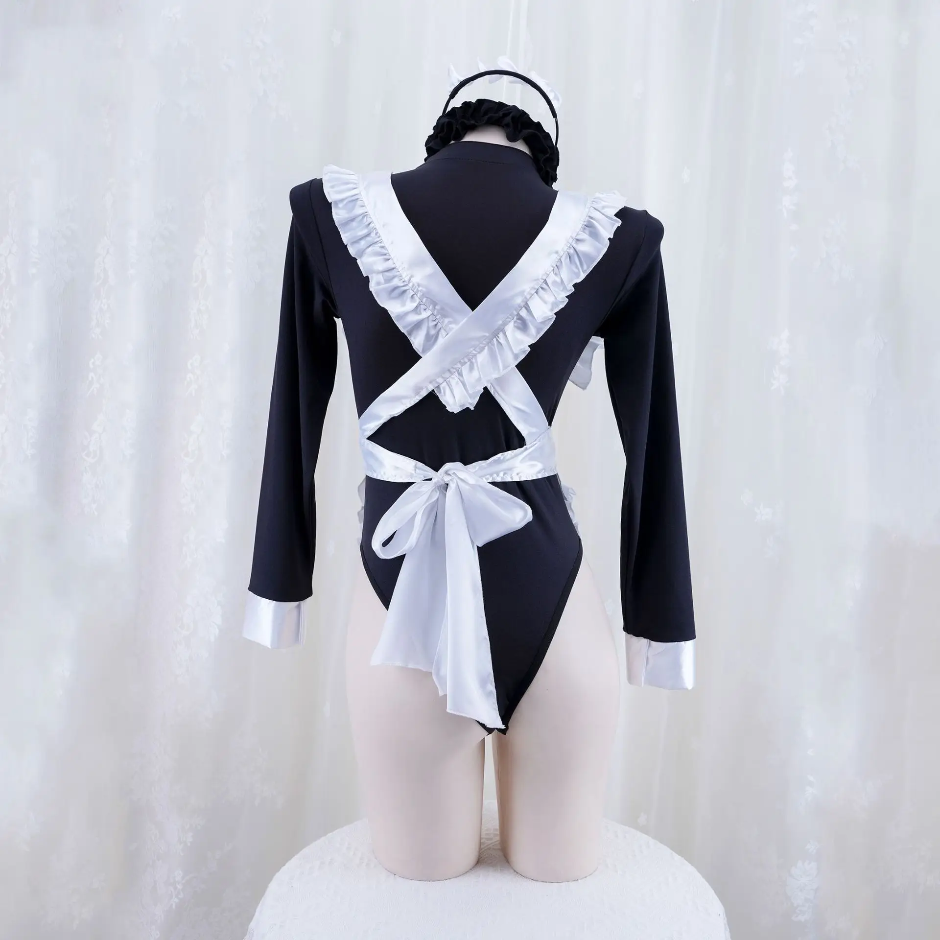 Costume de femme de chambre évidé à fourche haute, coupe ouverte sexy, uniforme de femme de chambre à manches longues, cosplay de jeu de plis, fête de nuit, anime