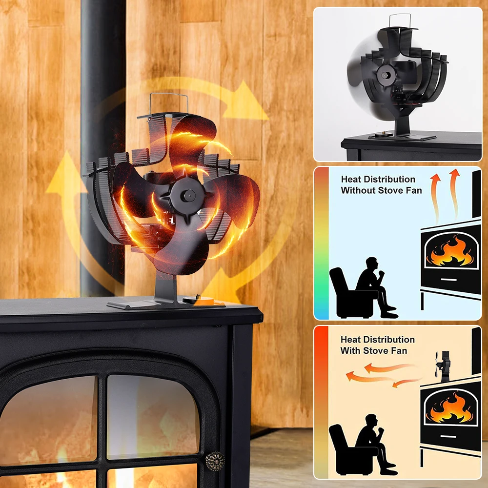 Black Fireplace Fan 4 Blade Heat-powered Stove Fan 60 Rotating No Battery or Electricity Required Log Wood Burner Fireplace Fan