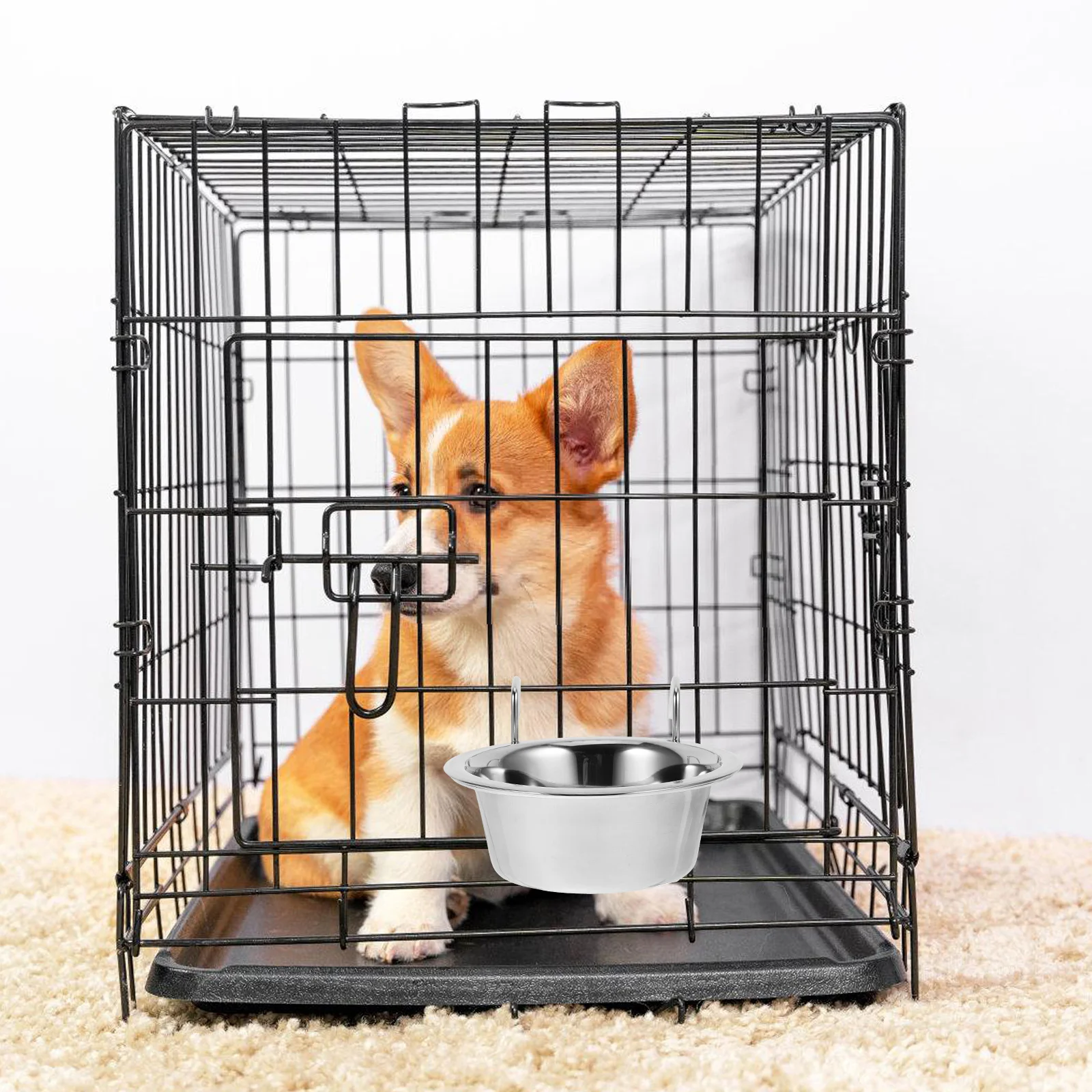 

Station Hanging Dog Bowl Bowls Crate Food and Water Stand for Dogs Silver Stainless Steel