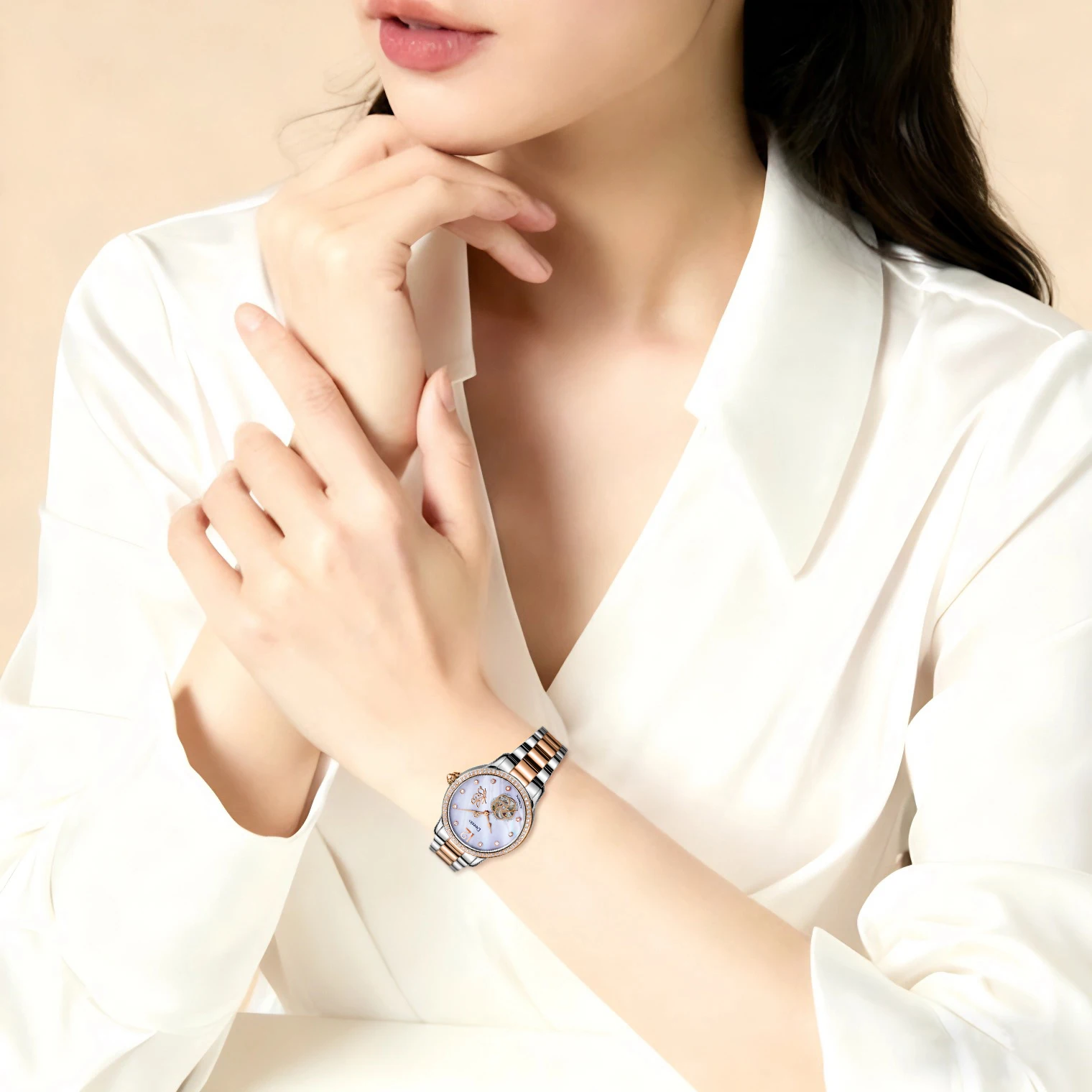 Deesio Skeleton Automatic Mechanical Watch for Women,50M Waterproof Luxury Dress Watch,Stainless Steel Case Butterfly Clasp Gift